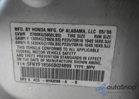 2006 Honda Pilot Ex-L from USA, damaged, VIN 5FNYF18566B024899